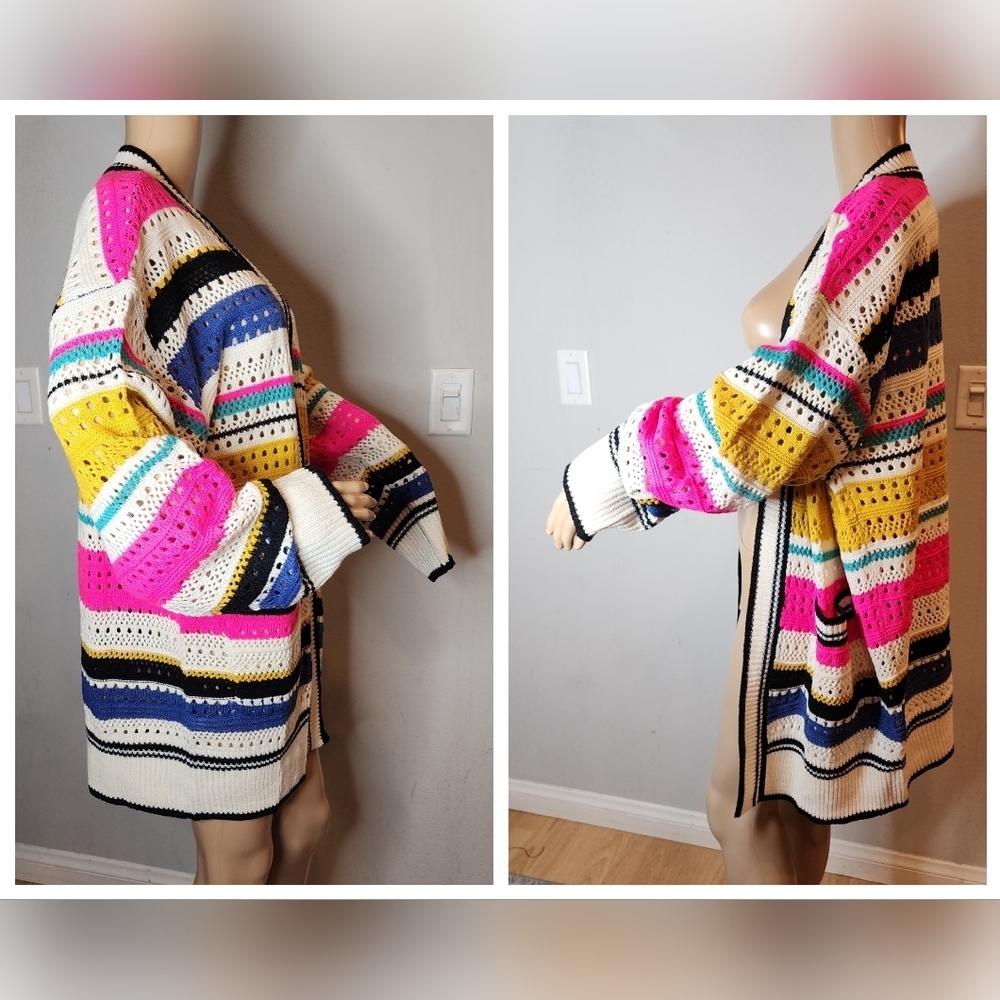 NWT Bibi Knit Multi Striped Pointelle Cardigan. Size 1X. - Picture 15 of 16
